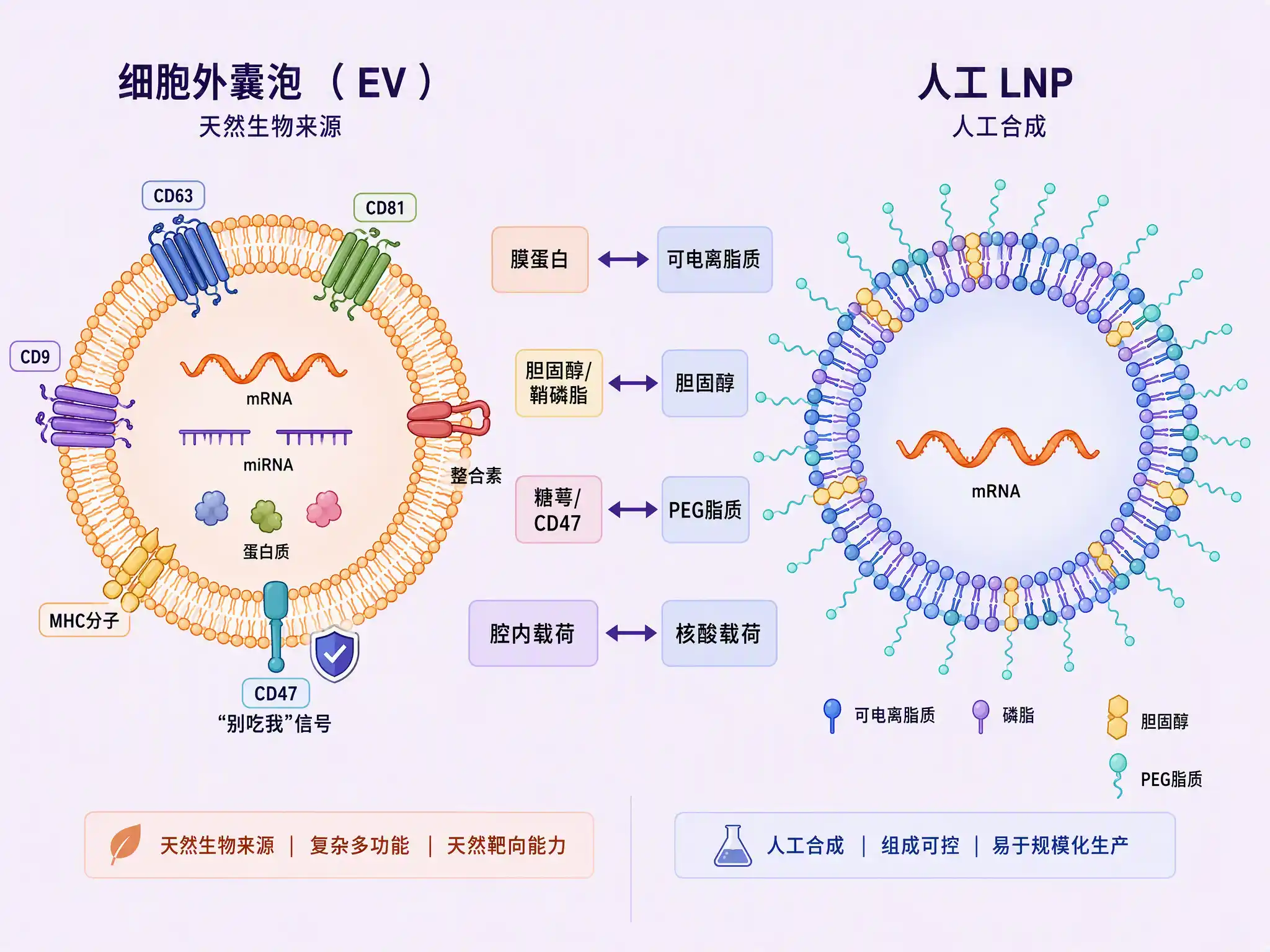细胞外囊泡内源结构示意图：脂双层膜与CD63/CD81/CD9膜蛋白、腔内mRNA与miRNA载荷，以及EV与人工LNP脂质颗粒的结构类比