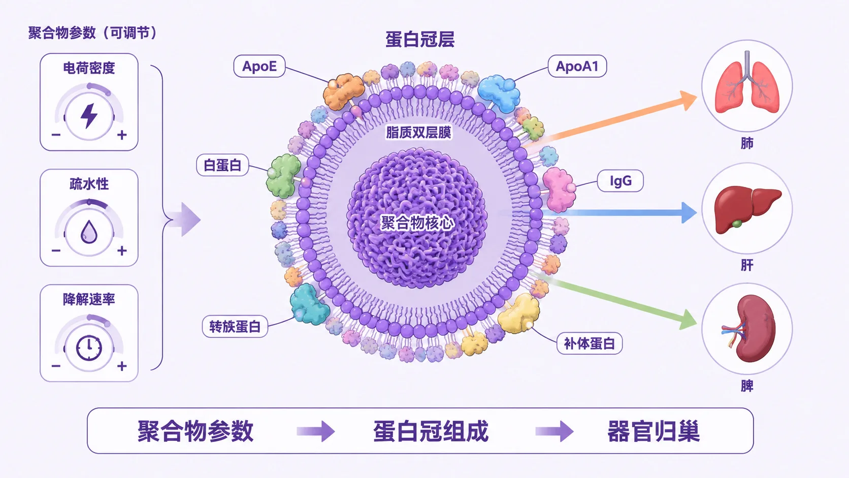 PLHNP表面蛋白冠组成与聚合物结构参数共同决定器官归巢路径的机制图